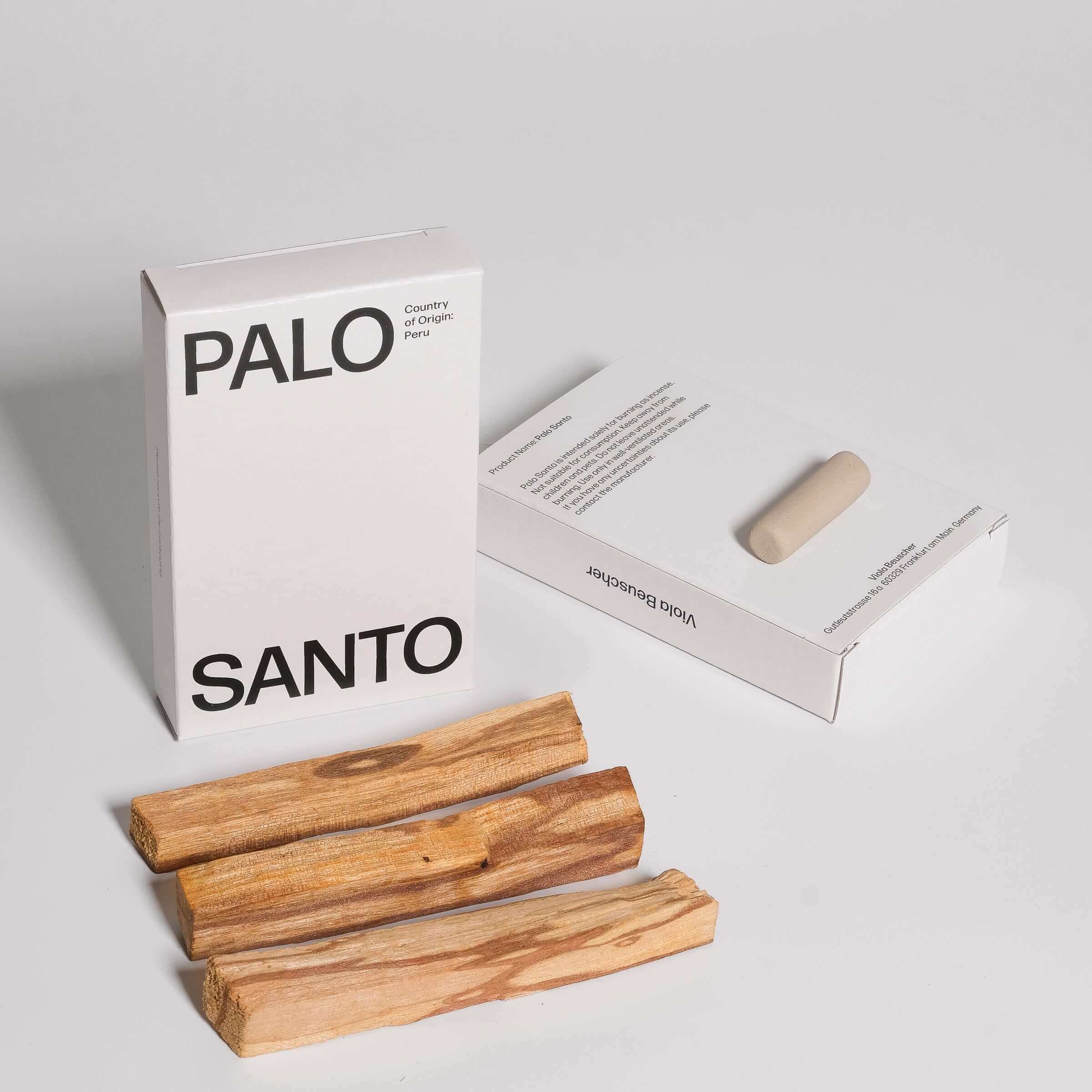 Palo Santo sticks with packaging, sustainably sourced from Peru, used for aromatherapy and meditation.