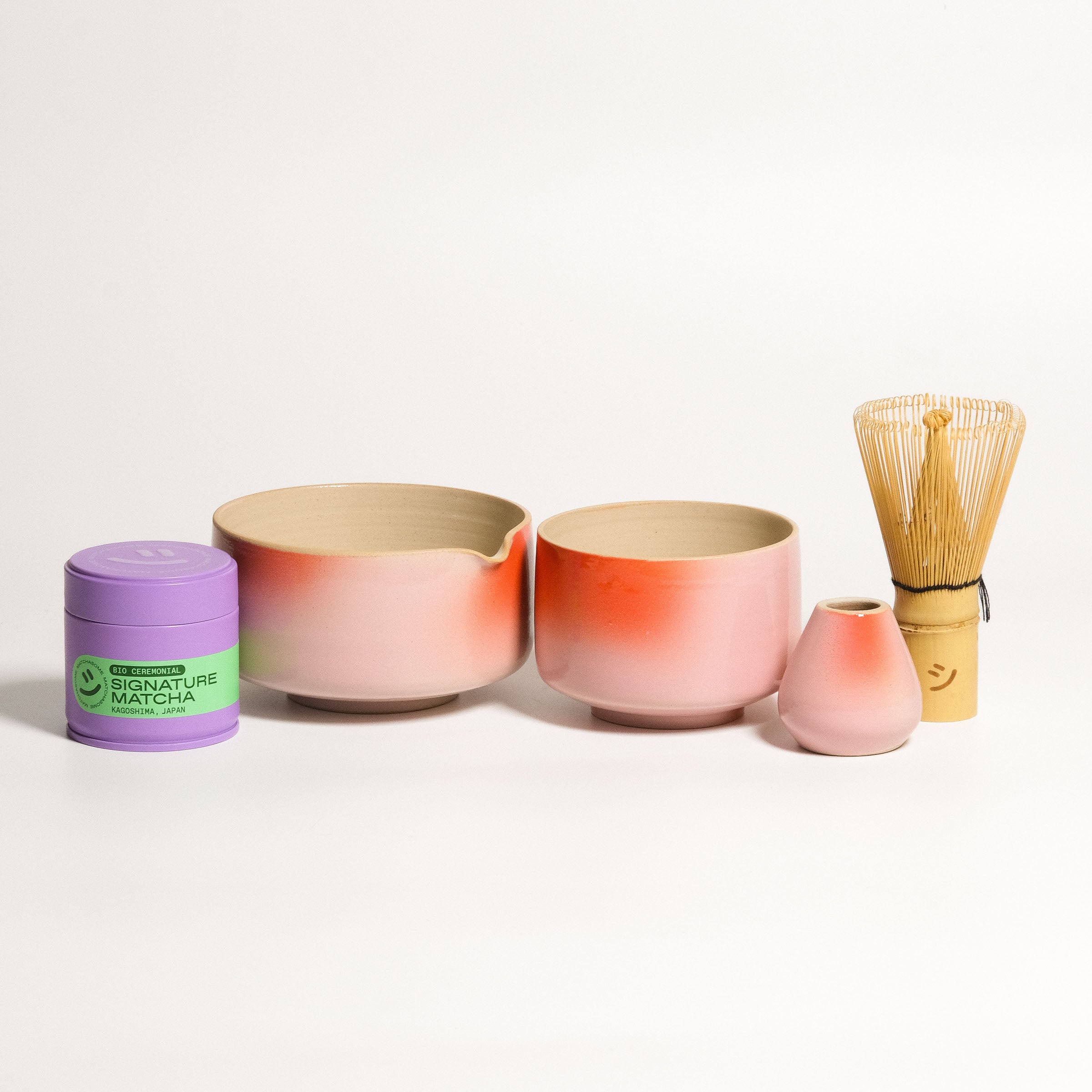 Matcha Set – Gradient - Organic Ceremonial Matcha Supreme including bowls, cup, whisk holder, and matcha.