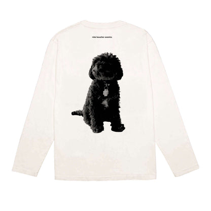 Back view of Rubi Longsleeve shirt featuring a black silhouette print of a poodle on off-white cotton.