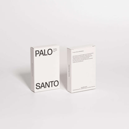 Palo Santo sticks packaging, featuring clean design with 'PALO SANTO' text, sustainably-sourced aromatic wood from Peru.
