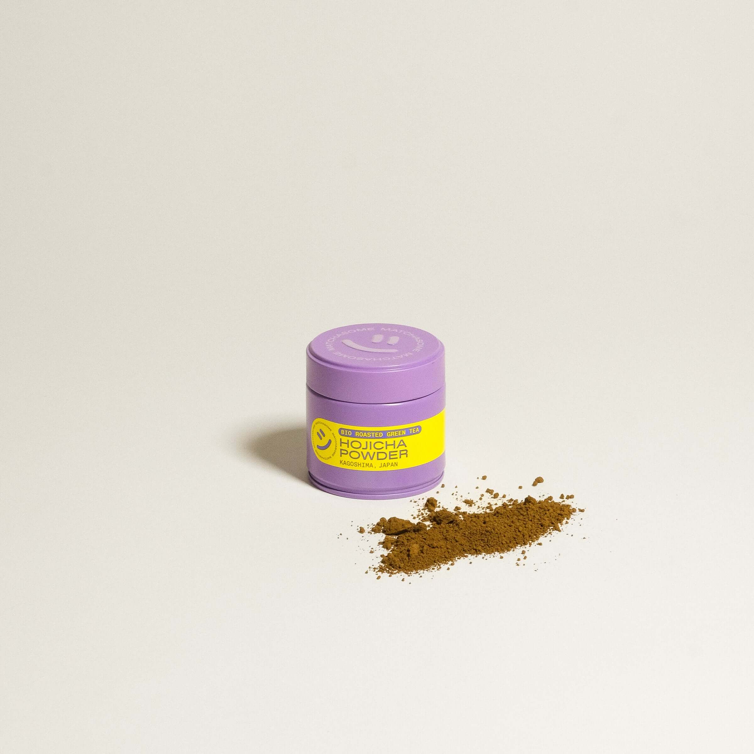 Hojicha Set - 2 Cups & Hojicha Tin 30g featuring Hojicha powder in a purple tin on a neutral background.