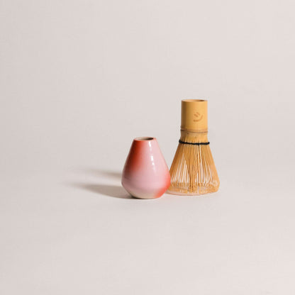 Matcha Set – Gradient - Organic Ceremonial Matcha Supreme featuring a matcha whisk holder and cup in pink and red hues.